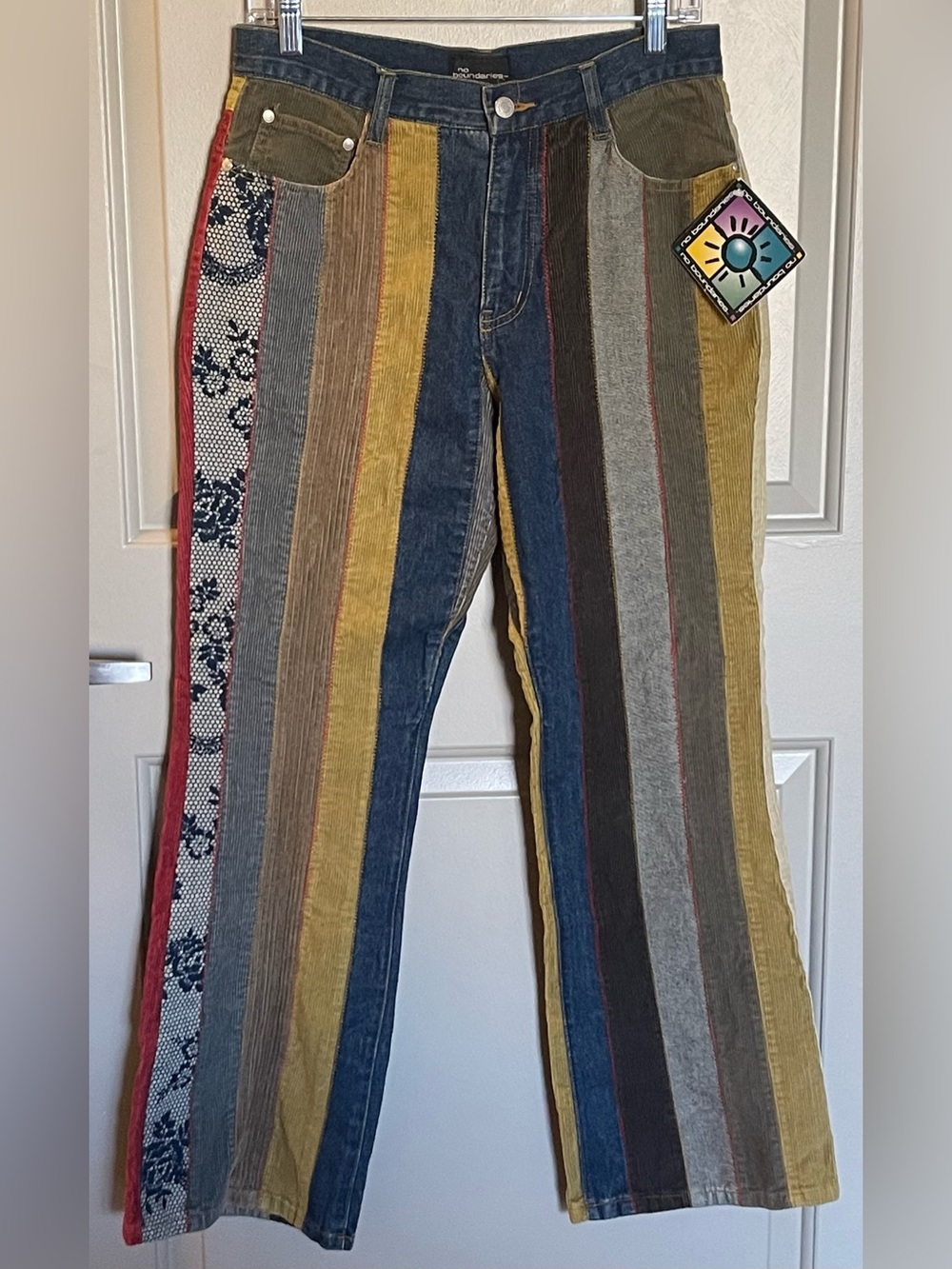 NWT Vintage 2002 No Boundaries Patchwork Striped Flare Jeans – Rare Y2K Grail